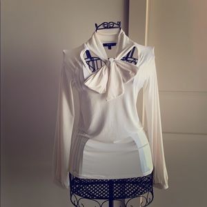 Pussy Bow top with long banded wrist sleeves